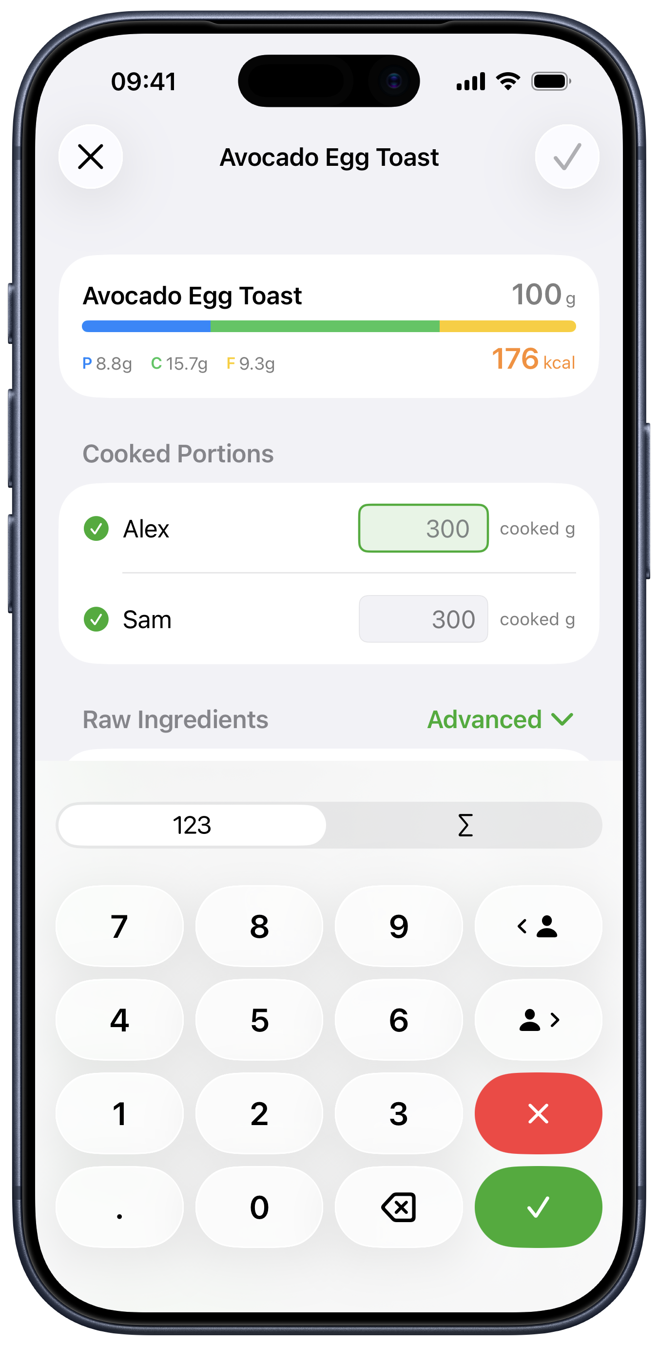 Avo add-item screen with saved products, recipes, barcode scanning, and custom meal options