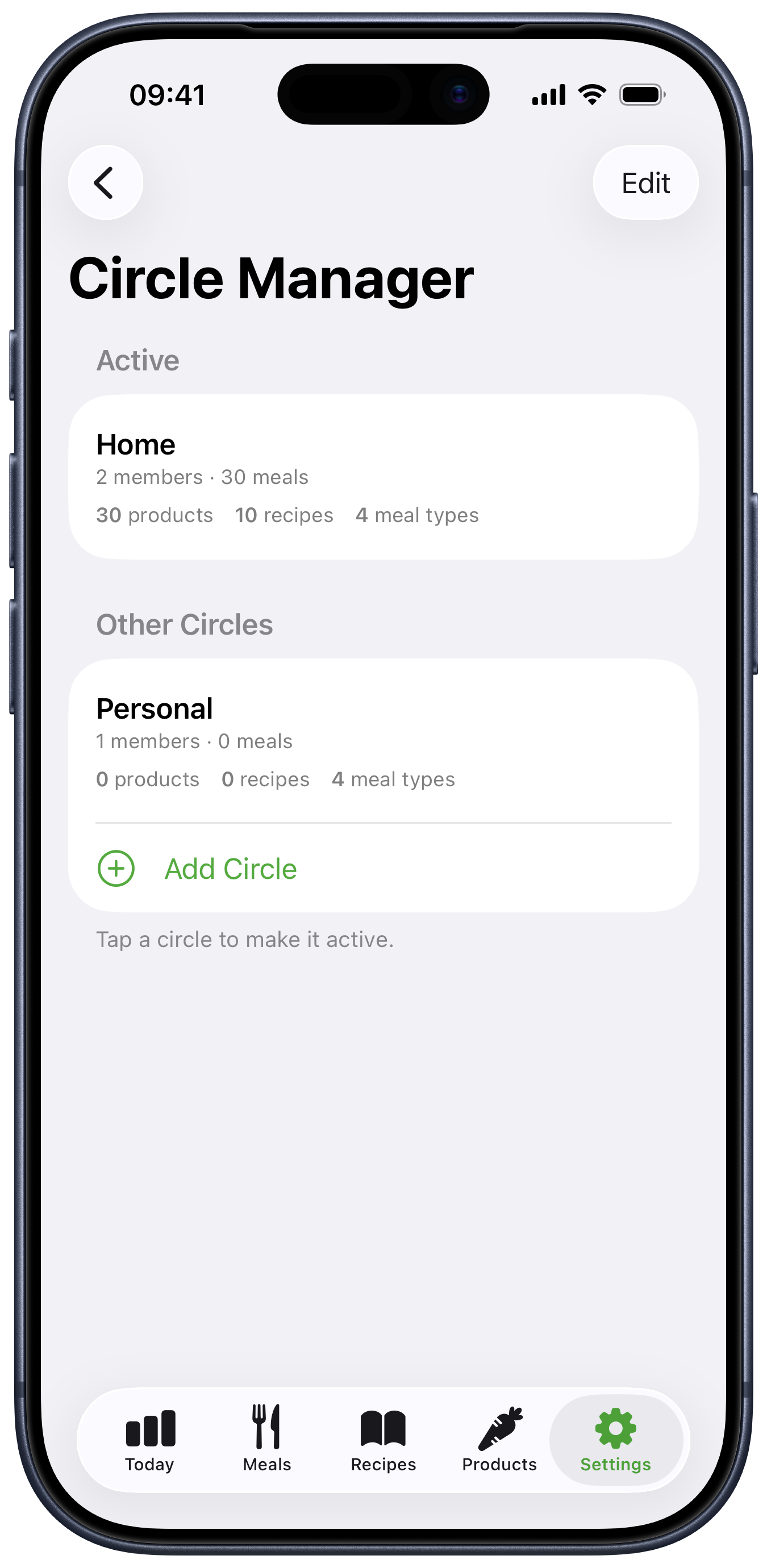 Avo Circle Manager showing personal and shared Circles
